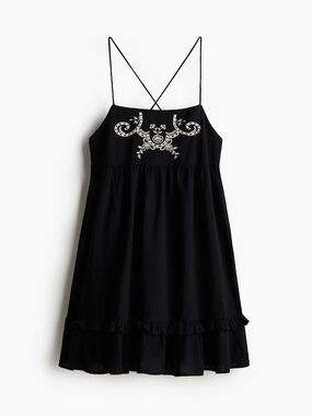 Divided Black Spaghetti-Strap Dress with Cream Embroidery